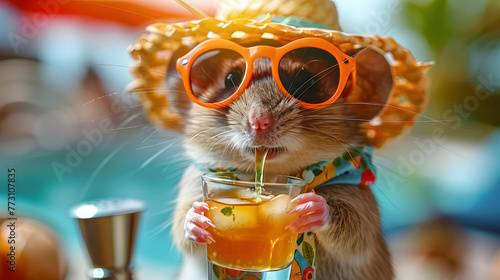 A mouse in summer clothes drinks a cocktail on a luxury cruise photo