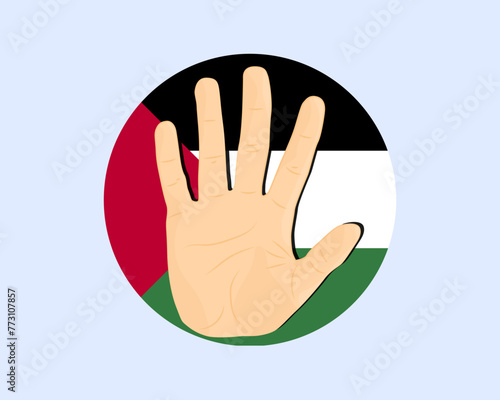 Palestine flag with hand stop sign, protest and human rights idea