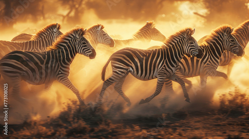 A herd of zebras running in the savannah  showcasing their unique stripes and fur patterns