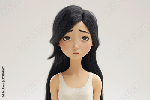 Sad stressed upset Asian cartoon character young woman female girl person wearing white top in 3d style design on light background. Human people feelings expression concept