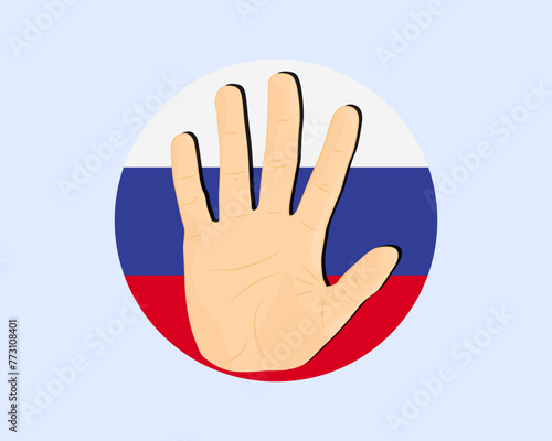 Russia flag with hand stop sign, protest and human rights idea