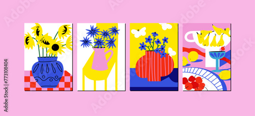 Vector illustration set of botanical posters with different flowers. Art for for postcards, wall art, banner, background. Modern naive groovy funky interior decorations