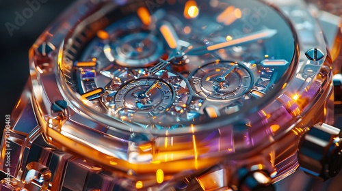 Highlight the mesmerizing play of light on the faceted edges of a crystal watch face, creating a dazzling display of prismatic colors.