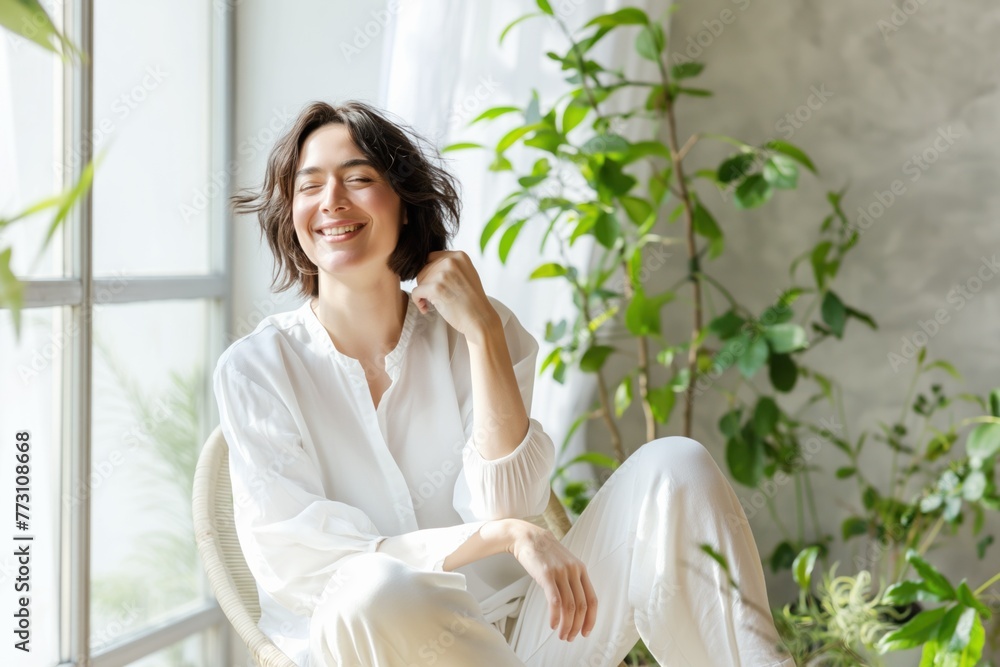 Smiling woman in white sitting among indoor greenery. Smiling woman in white sitting among indoor greenery.