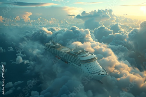 ahead in sky Cruise ship flies in clouds fog