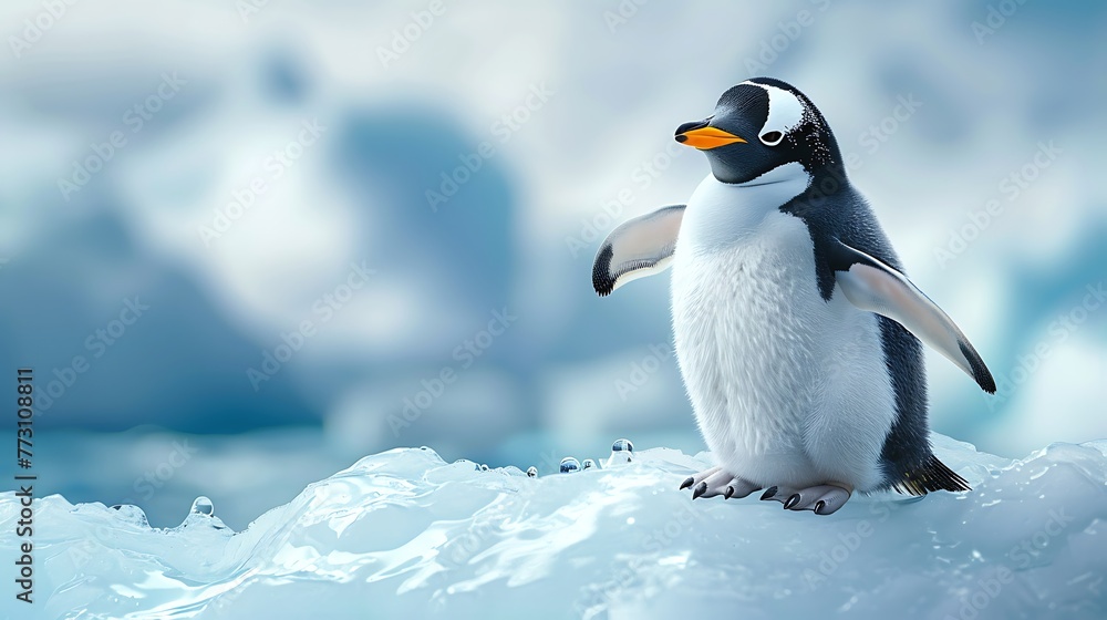 Fototapeta premium penguin in an iceberg pointing its flipper wing on blue background with copy space AI generated