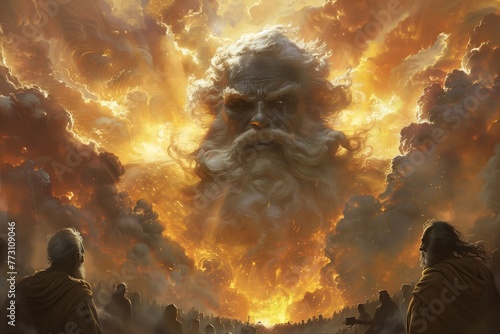 Enraged angry God appeared to the population from heaven from sky clouds with a menacing look, punish to judge humanity, to be responsible for their actions