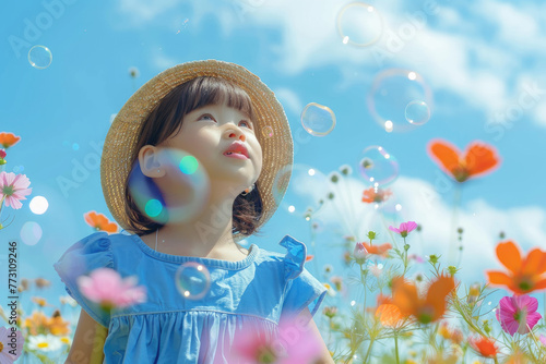 A little girl wearing blue dress and straw hat is blowing soap bubbles in the air, surrounded by blooming flowers under clear sky.