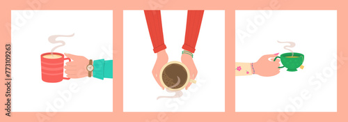 Human hands with tea mug cup. Human hands holding cups or mugs with hot drinks, flat cartoon vector illustration isolated on white background. Coffee time, coffee break concept