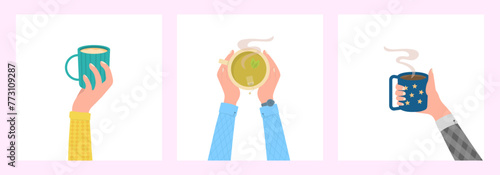 Human hands with tea mug cup. Human hands holding cups or mugs with hot drinks, flat cartoon vector illustration isolated on white background. Coffee time, coffee break concept
