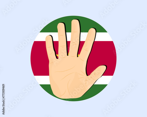 Suriname flag with hand stop sign, protest and human rights idea