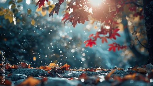fallen leaves in the forest during the rain, autumn nature background