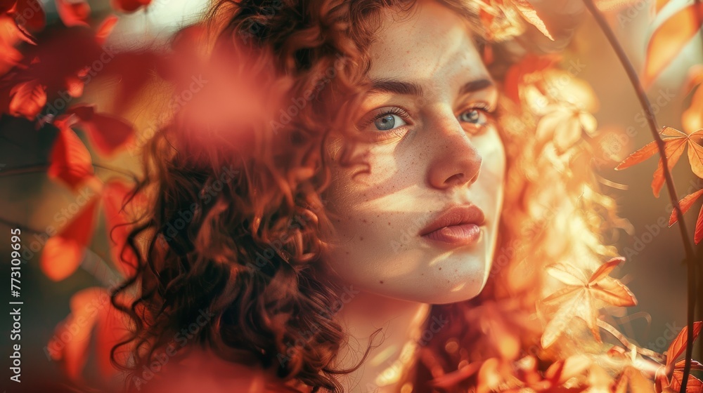 Portrait of a beautiful girl with curly red hair on the background of autumn leaves