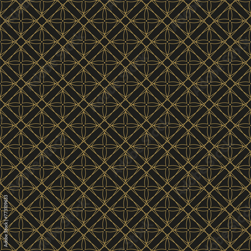 Geometric golden ornament on black background. Interlacing lines in a diamond pattern. Seamless pattern, grid of rhombuses.