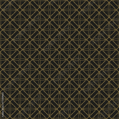 Geometric golden ornament on black background. Interlacing lines in a diamond...