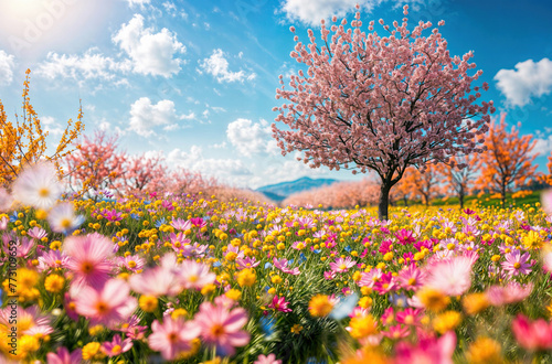 Vibrant spring scene with blooming cherry tree and colorful flower field under a clear sky