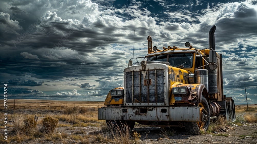 Abandoned truck in the prairie with dramatic sky Abandoned truck in the prairie with dramatic sky