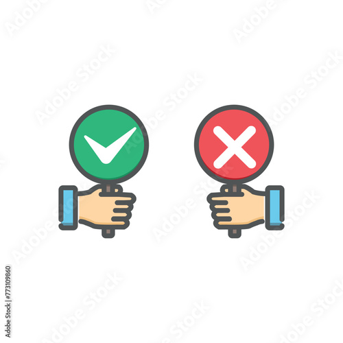 vector design of agree disagree symbol of hands holding a board in green and red colors.