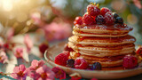 A delectable stack of pancakes topped with fresh berries and drizzled with maple syrup, surrounded by blooming flowers at golden hour
