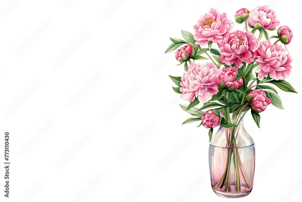 Watercolor bouquet of pink peonies in glass vase on white background with copy space. Greeting card template. Mother's Day, Birthday, March 8