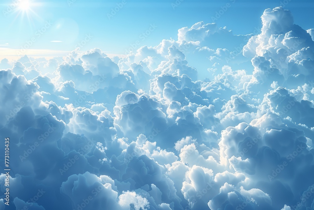 The atmosphere high above the cloud cover is filled with fluffy formations and a serene shade of blue. The atmosphere high above the cloud cover is filled with fluffy formations and a serene shade of blue.
