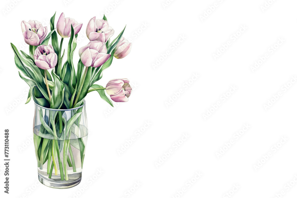 Watercolor tulips bouquet in glass vase on white background with copy space. Greeting card template. Mother's Day, Birthday, March 8 Watercolor tulips bouquet in glass vase on white background with copy space. Greeting card template. Mother's Day, Birthday, March 8