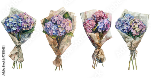 Watercolor painting of a hydrangea bouquet wrapped in newspaper. Cut out set