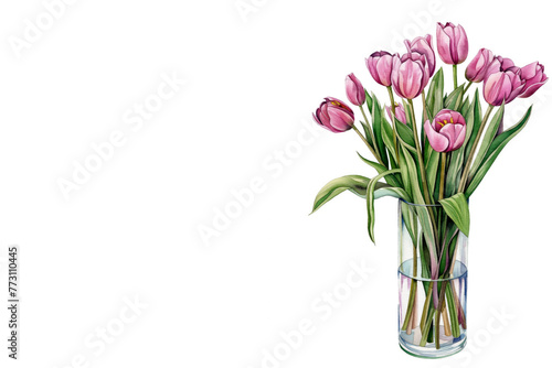 Watercolor pink tulips bouquet in elegant glass vase on white background with copy space. Greeting card template. Mother's Day, Birthday, March 8