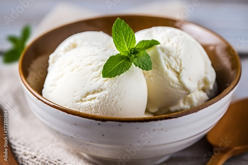 Vanilla ice cream scoops in a white bowl with mint leaf garnish, menu concept, restaurant, minimal, HD, desert, japanese