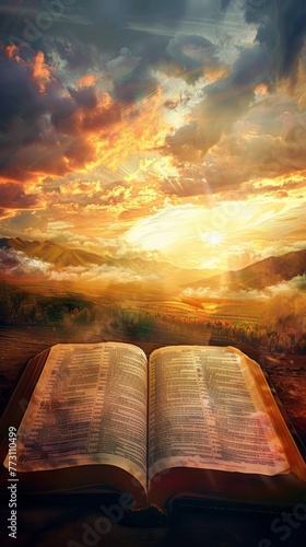 Open Bible Reveals a Serene and Heavenly Scene from Paradise