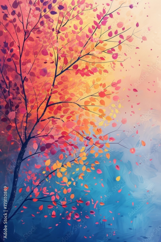The stunning rainbow tree displays vivid, eye-catching leaves on its swaying branches, making it a striking backdrop for illustration and wall decor in any interior space. The stunning rainbow tree displays vivid, eye-catching leaves on its swaying branches, making it a striking backdrop for illustration and wall decor in any interior space.