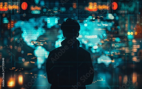 Imagine a vivid depiction of a cybersecurity expert actively responding to a cyber threat, with their shadow blending into the digital landscape of maps and network connections