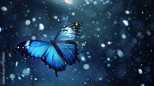 Create a mesmerizing scene of a blue butterfly fluttering through the night sky surrounded by a soft glow © Bordinthorn