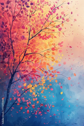 The stunning rainbow tree displays vivid, eye-catching leaves on its swaying branches, making it a striking backdrop for illustration and wall decor in any interior space.