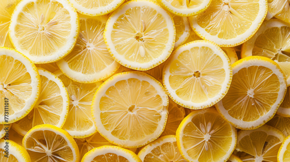 Sliced yellow lemons arranged tightly to form a vibrant textured background. Sliced yellow lemons arranged tightly to form a vibrant textured background.