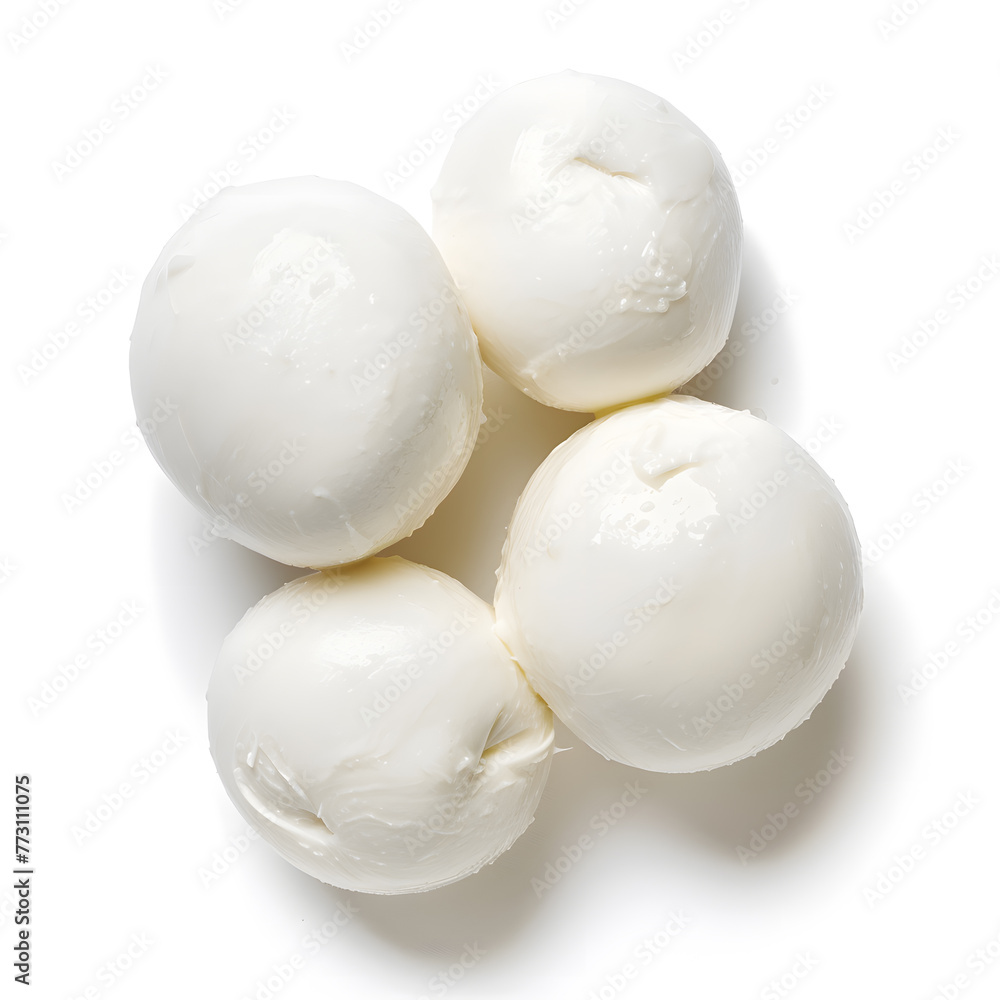Fresh mozzarella balls top view isolated on white background Fresh mozzarella balls top view isolated on white background