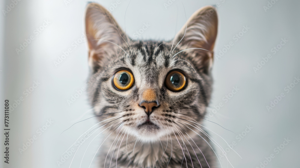 A cat with striking eyes and long whiskers gazes forward. A cat with striking eyes and long whiskers gazes forward.