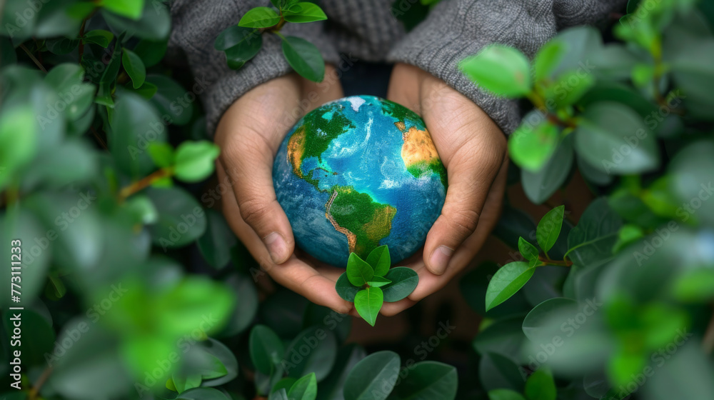 Hands cradle a small globe amidst lush green leaves. Hands cradle a small globe amidst lush green leaves.