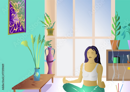 young meditative girl or woman sit on the floor in the yoga lotus position and relaxing. Girl sit in the flat near big window. Much flowers in the room. Incense smoke fly in air. 