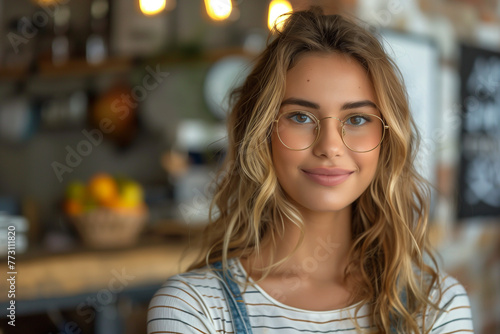 Beautiful young woman with glasses in cafe, blond hair, young woman, portrait, happiness