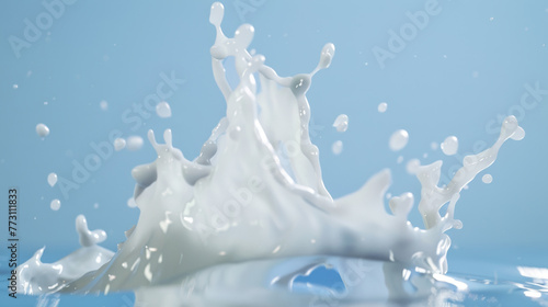 Milk splashes dynamically against a blue background, creating a crown-like shape and droplets in the air. © HelenP