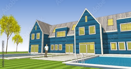 residential architecture townhouse 3D illustration