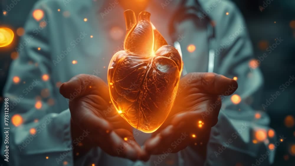 Medical doctor holding glowing anatomic human heart in hands ...