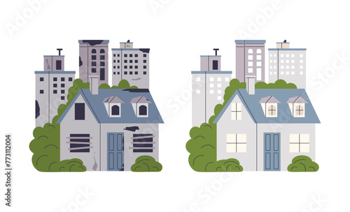 City before and after natural disaster. Damaged buildings. Destroyed city and good new buildings. Earthquake or war. Natural disaster. City after catastrophe. Vector illustration on white background.