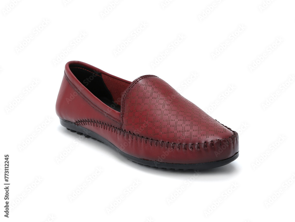 wine leather womens moccasins isolated on white background wine leather womens moccasins isolated on white background