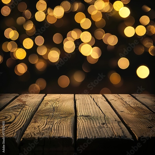 Close up scene of empty rustic wooden table on blurred bokeh lights background, dark style, lights are yellow. Product display template.