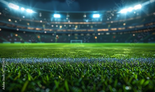 Vibrant green soccer field in a large stadium, with bright stadium lights illuminating the pitch, ready for a night match.