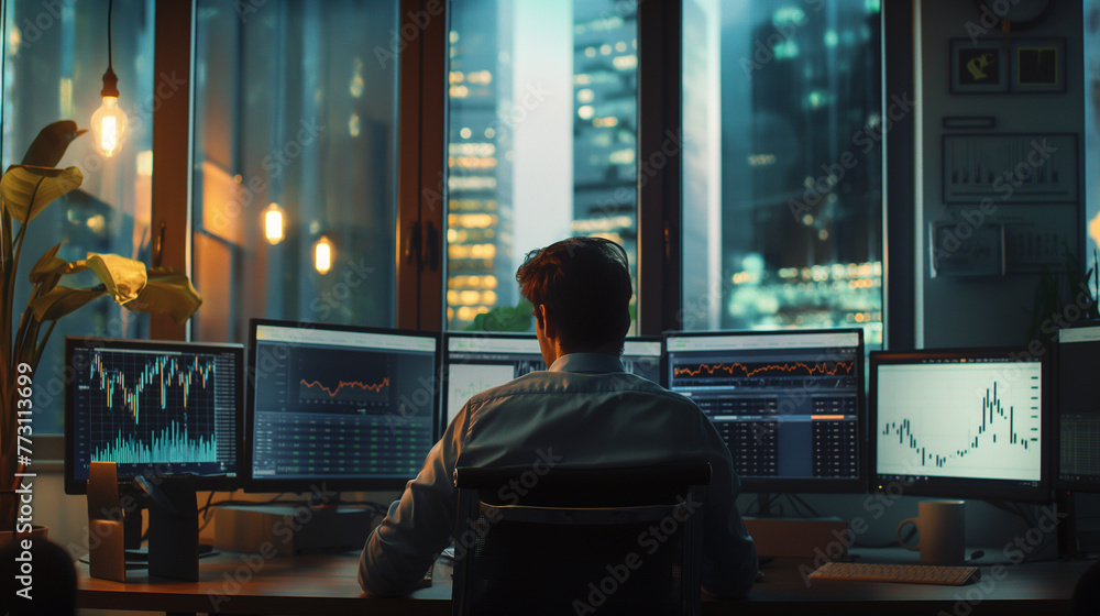 A financial analyst sitting in a well-lit corner of a coworking space, surrounded by multiple screens showing live financial data, engrossed in their work, the soft natural light f A financial analyst sitting in a well-lit corner of a coworking space, surrounded by multiple screens showing live financial data, engrossed in their work, the soft natural light f