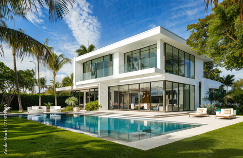 A wide angle photo shows the front view of a modern Bali style villa with a pool. Light wooden accents and white walls decorate the villa © Kien