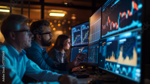 A collaborative session in progress, with financial experts analyzing live market feeds on a large monitor, the ambient light reflecting their focused expressions and the dynamic f